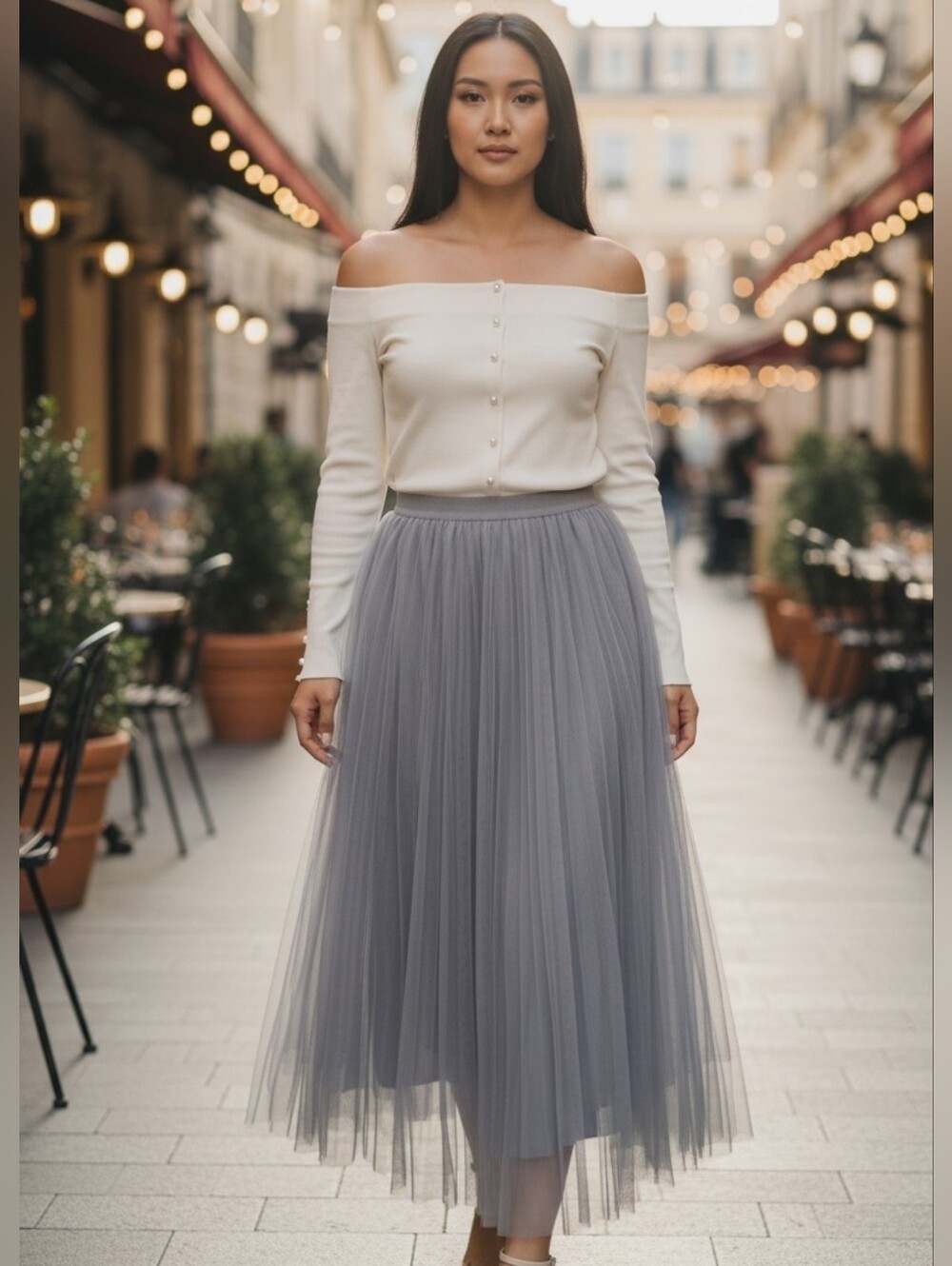 Beulah Style Periwinkle Grey Pleated A-Line Tulle Skirt